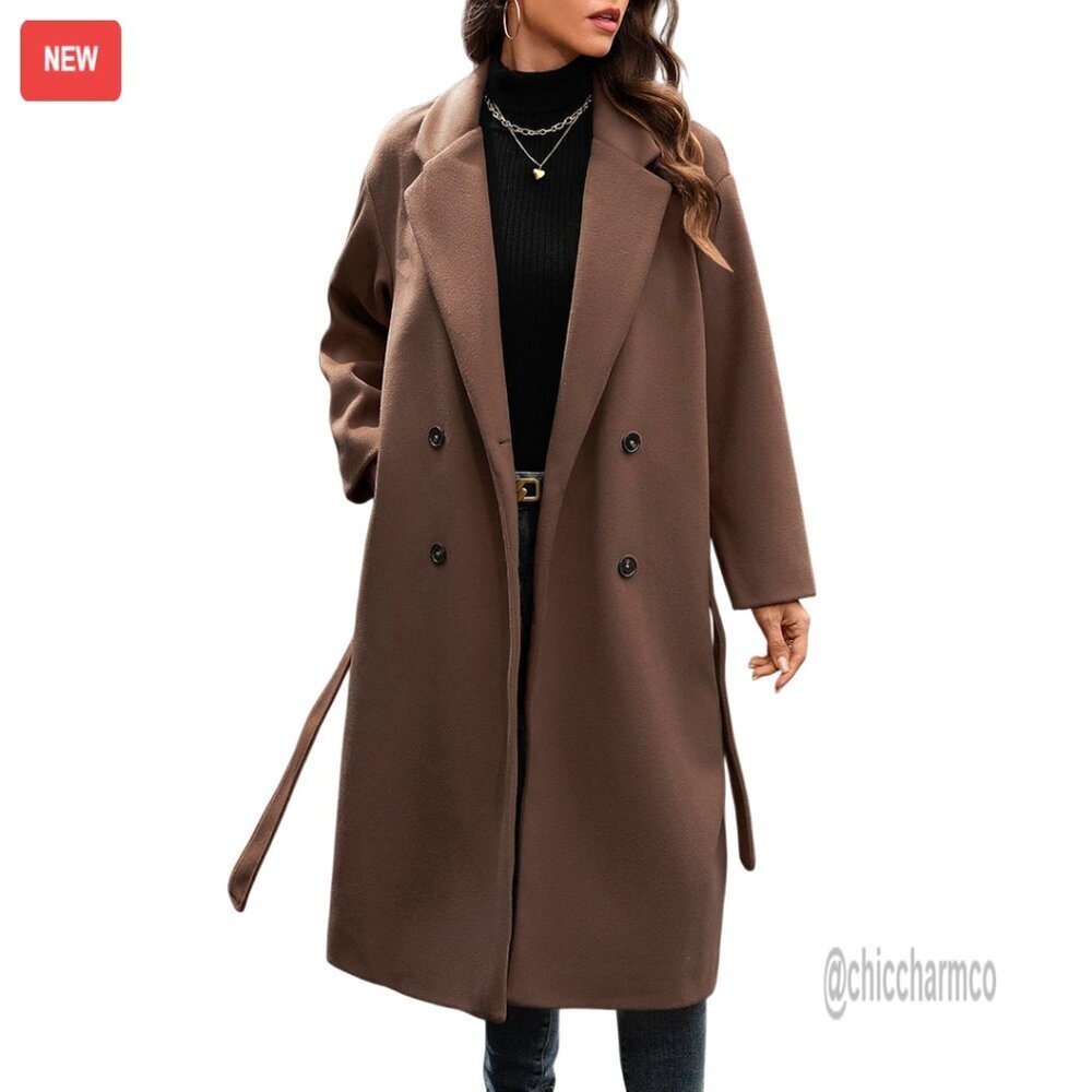 Wool Blend Double Breasted Trench Coat, Knee Length, Belted, Casual Winter